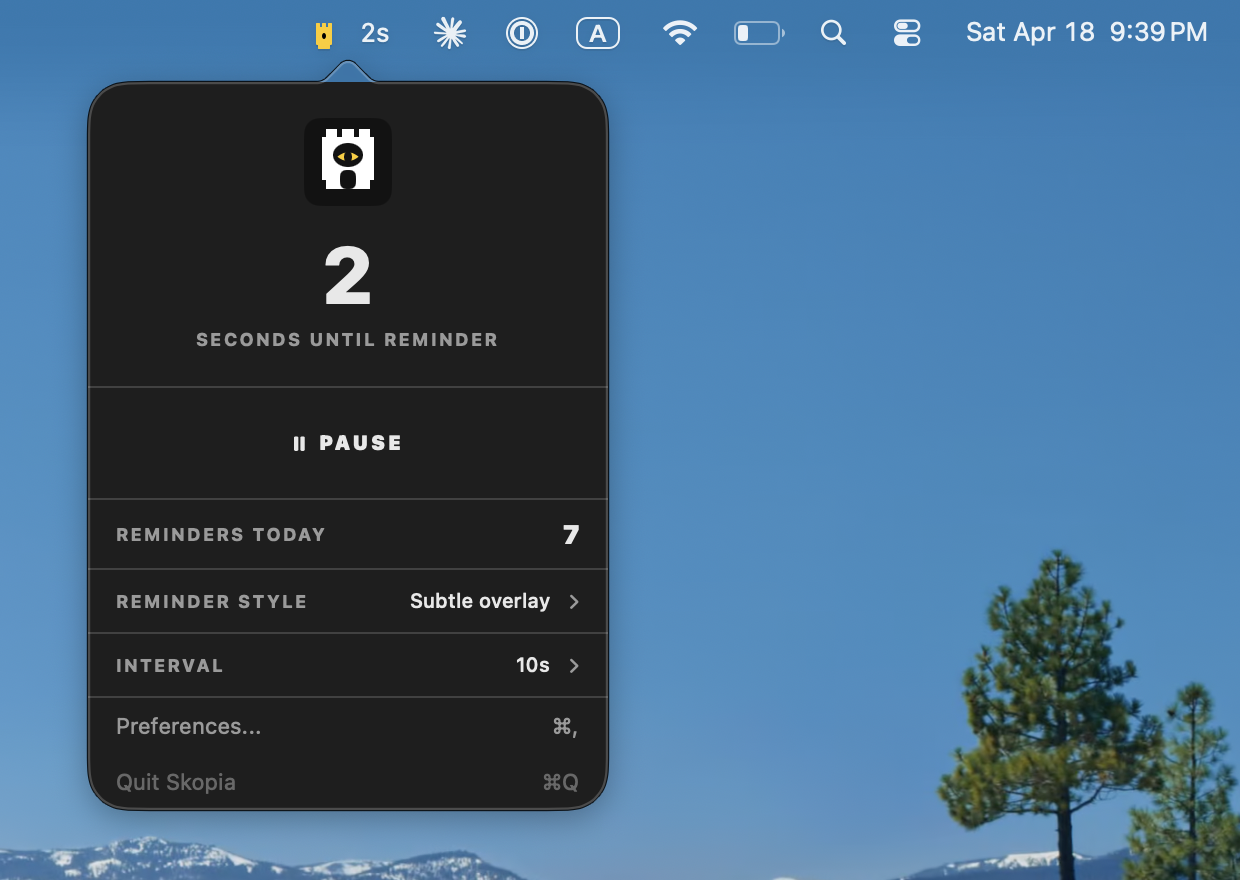 Skopia Mac menu bar app showing 2 seconds until next blink reminder, with pause button and reminder settings
